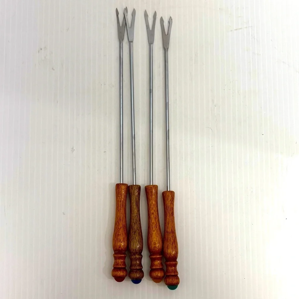 Set of 4 Vintage Stainless Steel Wood Handled Color Coded Fondue Forks Japan